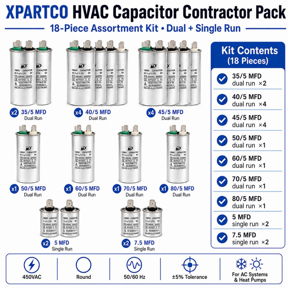 XPARTCO HVAC Capacitor Contractor Pack — 18-Piece Assortment Kit (Dual + Single Run)  Parts-O-Matic