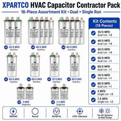 XPARTCO HVAC Capacitor Contractor Pack — 18-Piece Assortment Kit (Dual + Single Run)  Parts-O-Matic