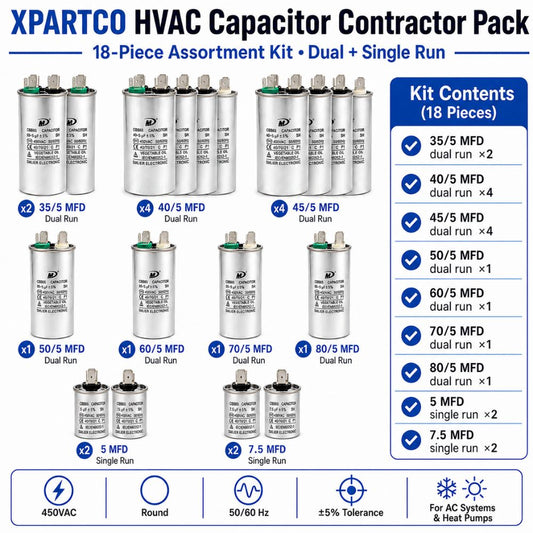 XPARTCO HVAC Capacitor Contractor Pack — 18-Piece Assortment Kit (Dual + Single Run)  Parts-O-Matic